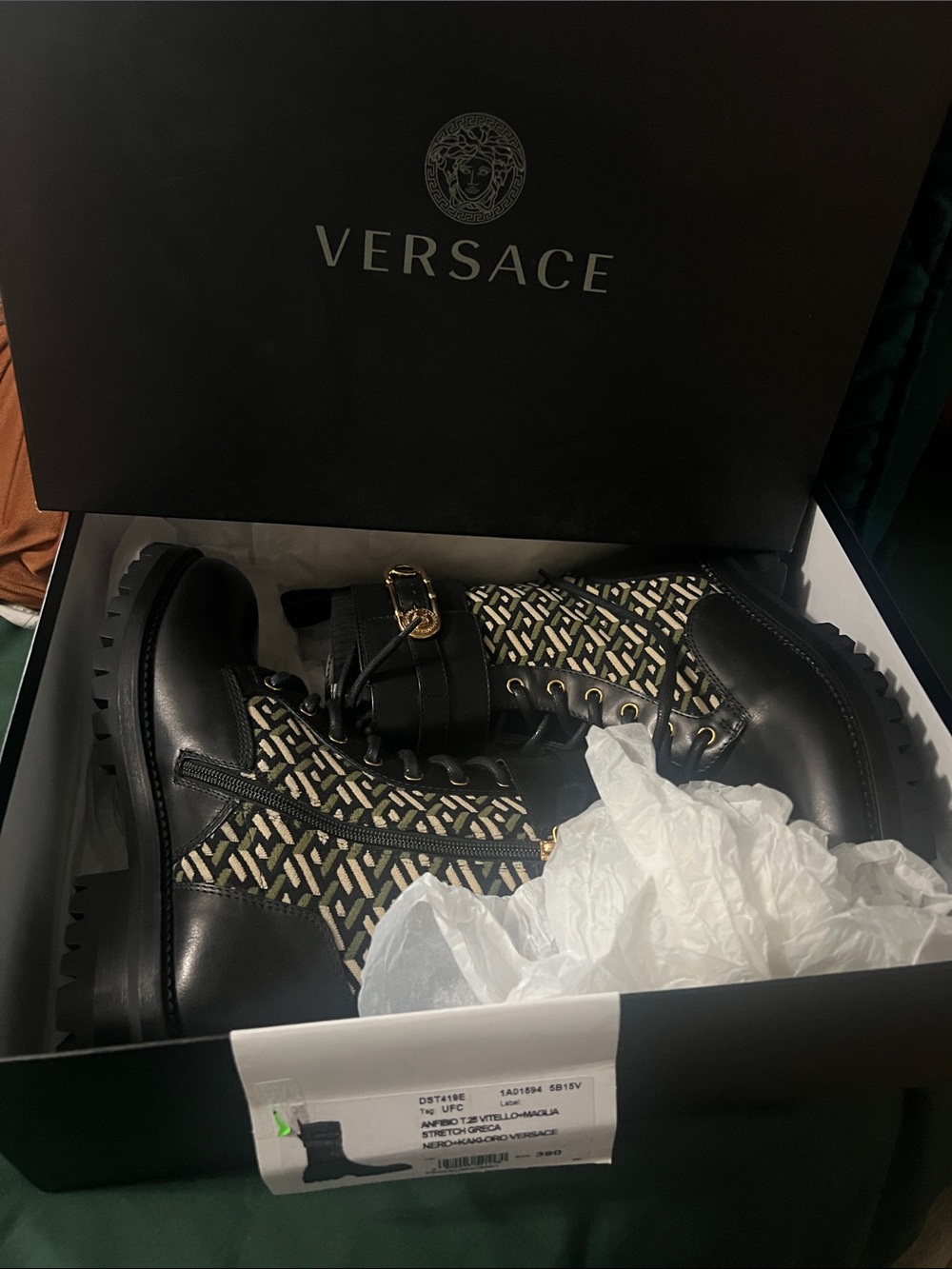 Versace Black & Beige Safety Pin Monogram Leather Combat Boots